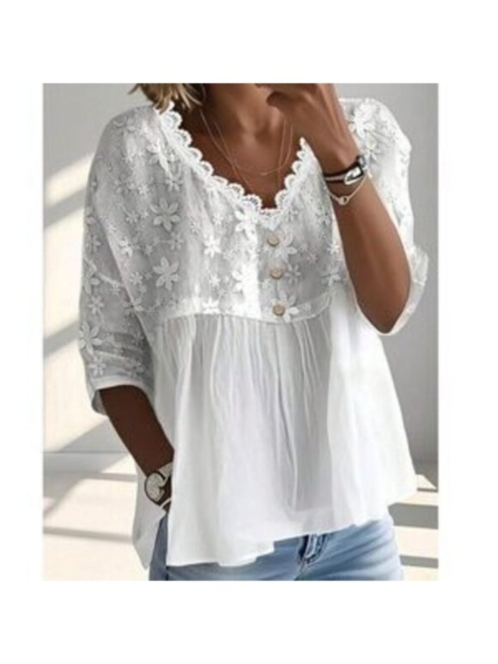 Boho White Floral Embroidered Button 3/4 Sleeve Blouse